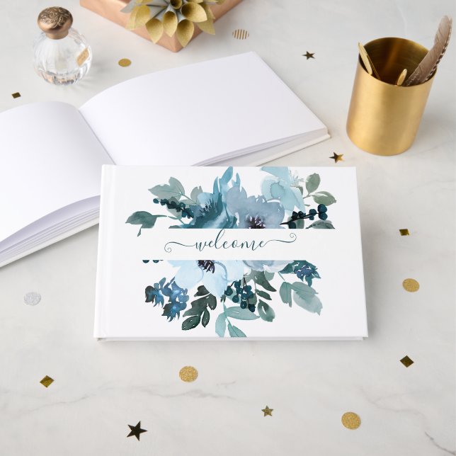 Teal and blue watercolor floral personalised   guest book (Front Open)