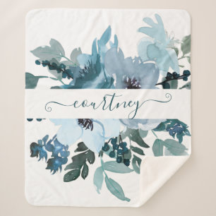 Teal and blue watercolor floral personalised  sherpa blanket