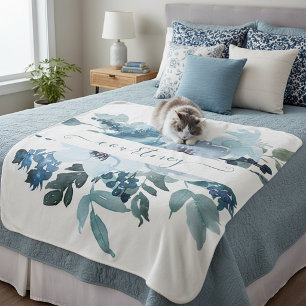 Teal and blue watercolor floral personalised  sherpa blanket