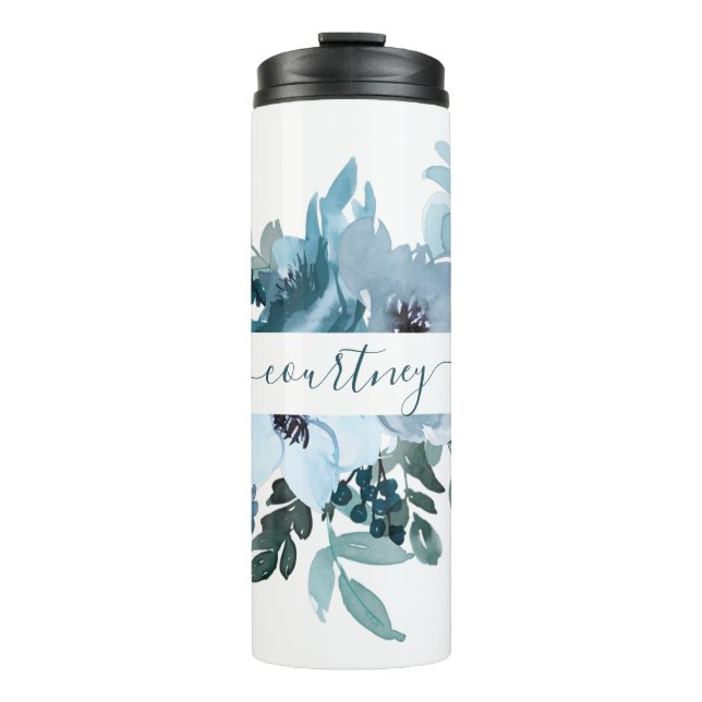 Teal and blue watercolor floral personalised   thermal tumbler (Front)