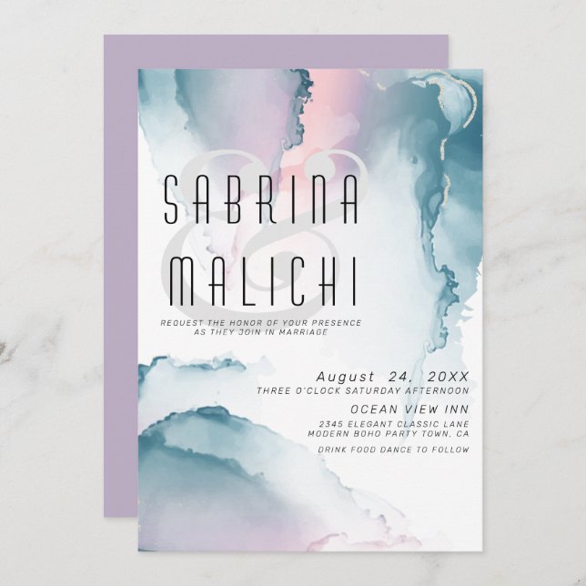 Teal and Blush Rose Modern Fluid Ink Invitation (Front/Back)