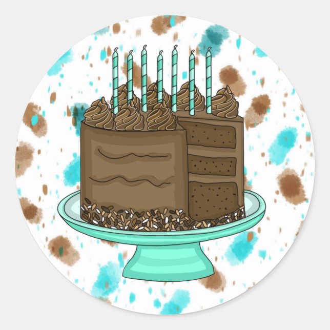 Teal and Brown Chocolate Cake Birthday  Classic Round Sticker (Front)