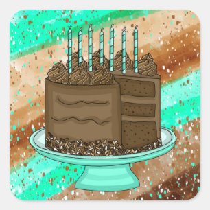 Teal and Brown Chocolate Cake Birthday   Square Sticker