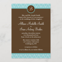 Teal and Brown Damask Pattern Wedding Invitations