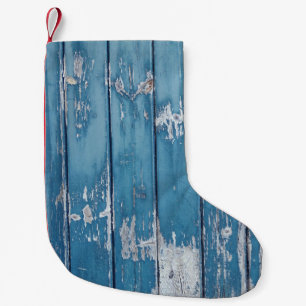 Teal and brown wooden board small christmas stocking
