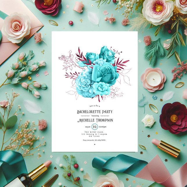 Teal and Burgundy Floral Bachelorette Party Invitation (Teal and Burgundy Floral Bachelorette Party Invitation)