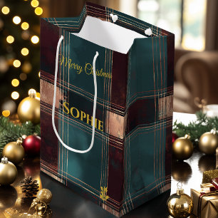 Teal and Burgundy Metallic Plaid Christmas Medium Gift Bag