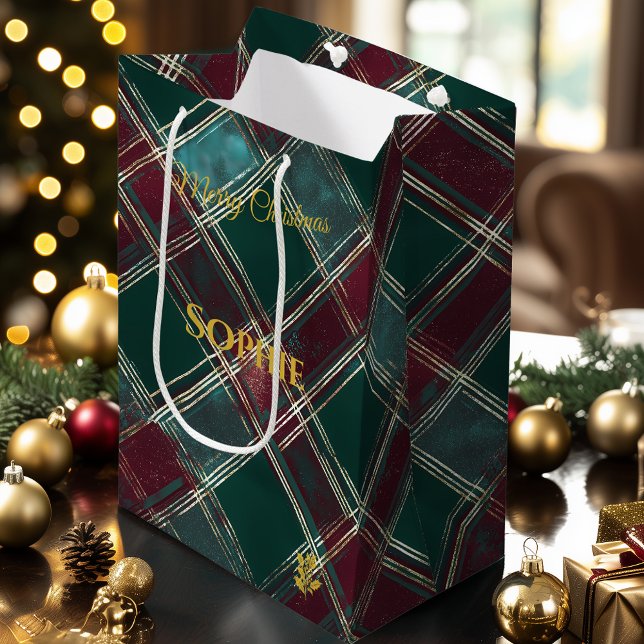 Teal and Burgundy Plaid Christmas Festive Custom Medium Gift Bag (Creator Uploaded)