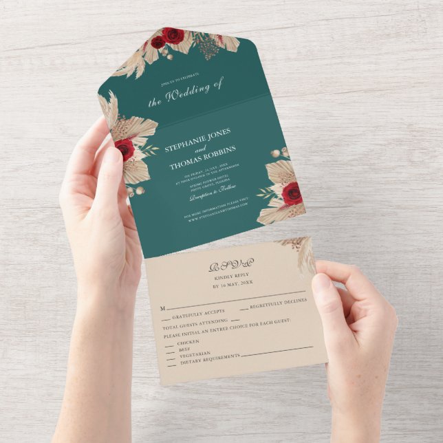 Teal and Burgundy Roses All in One Invite (Tearaway)