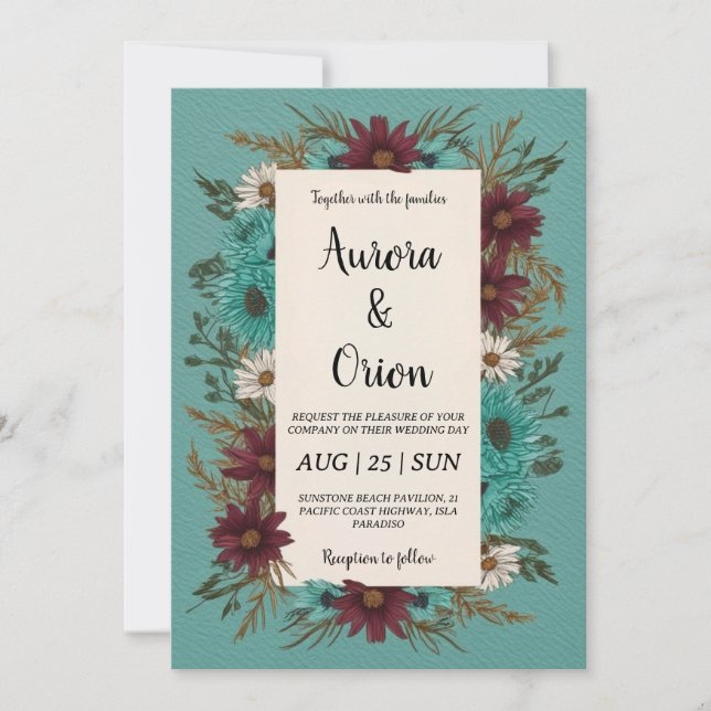 teal and burgundy wedding invitations (Front)