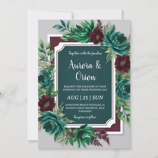 teal and burgundy wedding invitations (Front)