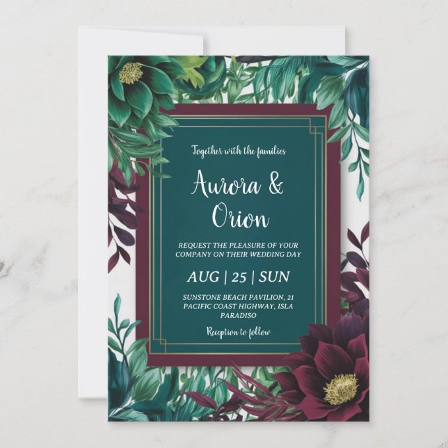 teal and burgundy wedding invitations (Front)