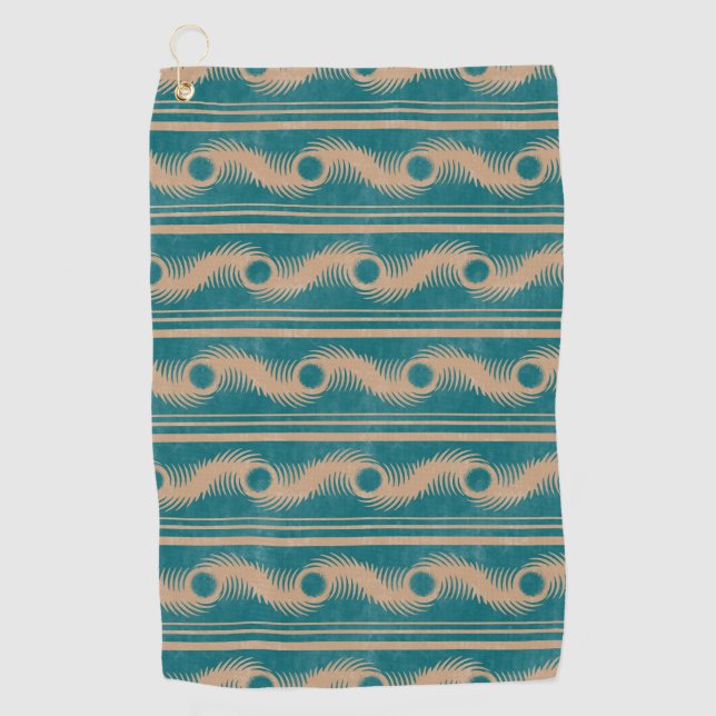 Teal and Caramel Spiral Geometric Striped Pattern Golf Towel (Front)