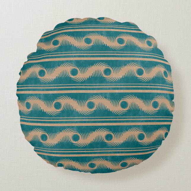 Teal and Caramel Spiral Geometric Striped Pattern Round Cushion (Front)
