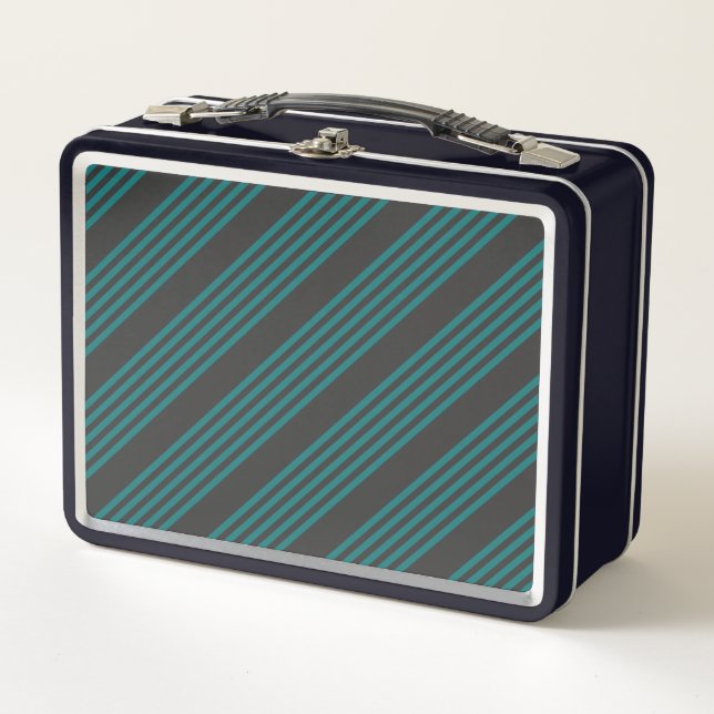 Teal and charcoal five stripe pattern metal lunch box (Front)
