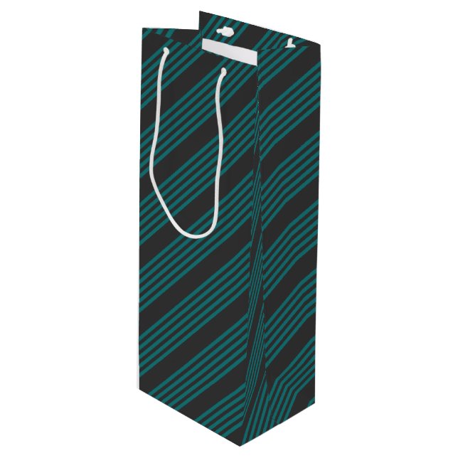 Teal and charcoal five stripe pattern wine gift bag (Front Angled)