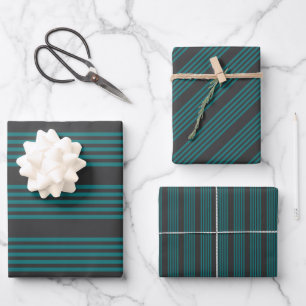 Teal and charcoal five stripe pattern wrapping paper sheet