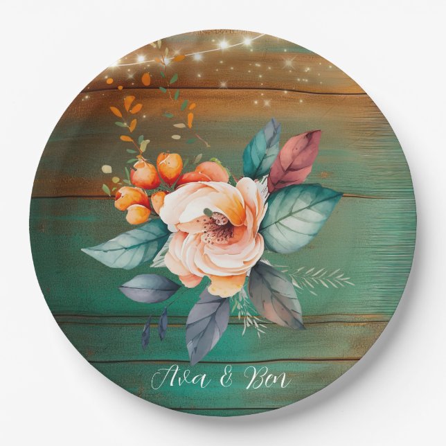 Teal and Copper Wood Floral Lights Wedding Paper Plate (Front)