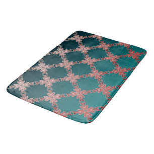 Teal and Coral Botanical Lattice Gradient Bath Mat
