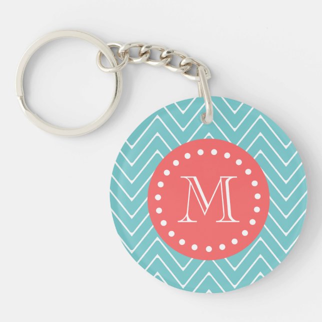 Teal and Coral Chevron with Custom Monogram Key Ring (Front)