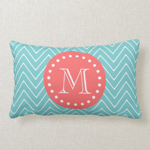 Teal and Coral Chevron with Custom Monogram Lumbar Cushion