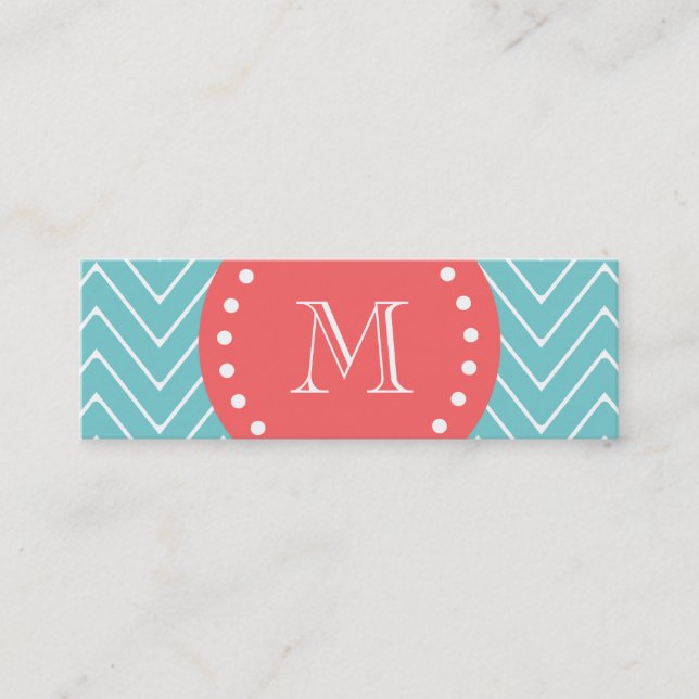 Teal and Coral Chevron with Custom Monogram Mini Business Card (Front)
