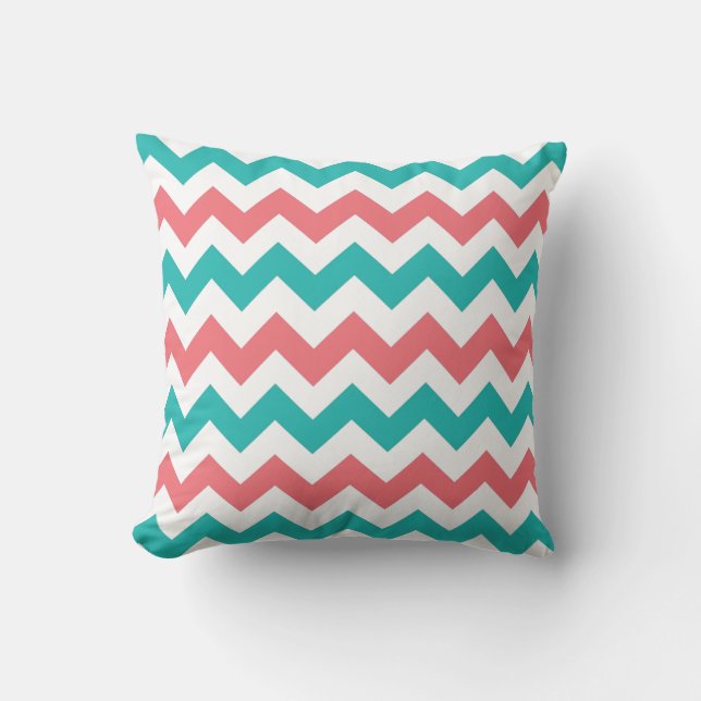 Teal and Coral Chevron Zig Zag Striped Pillow (Front)
