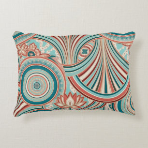 Teal and Coral Nouveau Flow Decorative Cushion