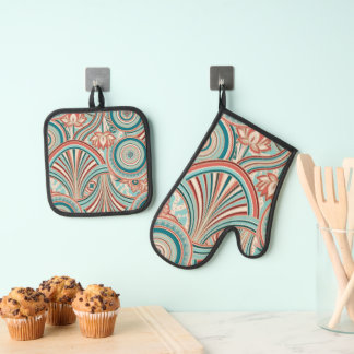 Teal and Coral Nouveau Flow  Oven Mitt & Pot Holder Set