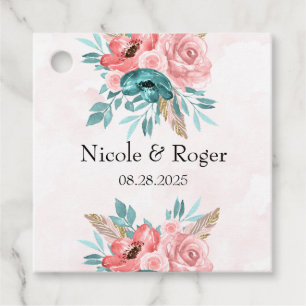 Teal and Coral Peony Flower Wedding Favour Tags