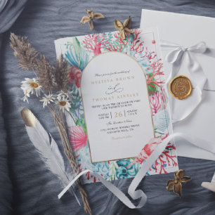 Teal and Coral Sea Life Elegant QR Code Wedding Invitation