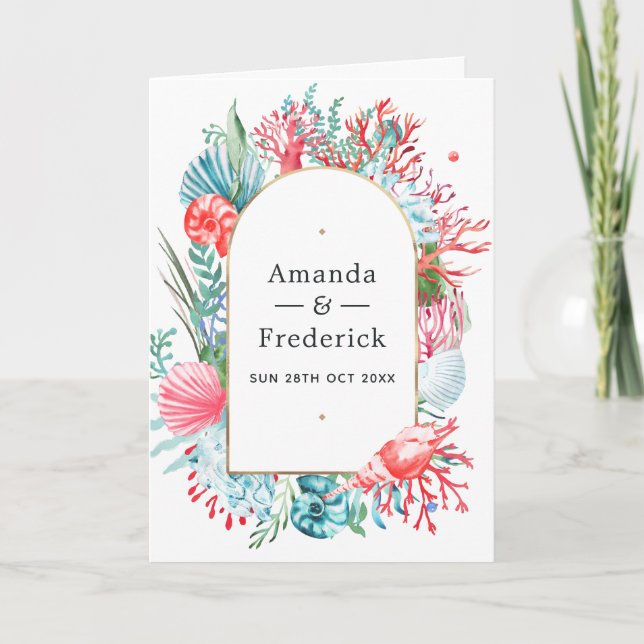 Teal and Coral Sea Life Wedding Programme (Front)