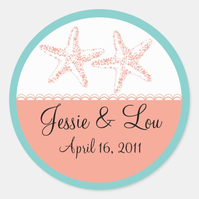 Teal and Coral Starfish Wedding Classic Round Sticker (Front)