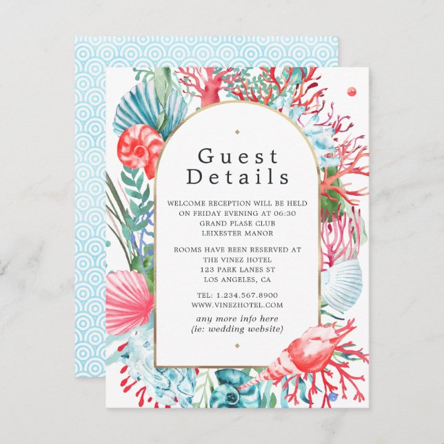 Teal and Coral Summer Beach Wedding Guest Details Enclosure Card (Front/Back)