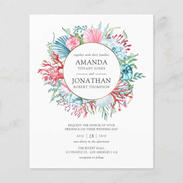 Teal and Coral Summer Beach Wedding Invitation Flyer (Front)