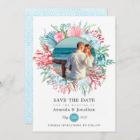 Teal and Coral Summer Beach Wedding Photo Save The