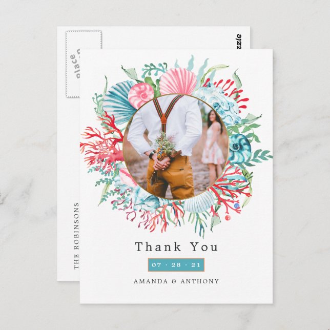 Teal and Coral Summer Beach Wedding Postcard (Front/Back)