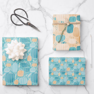 Teal and Cream Fall Pumpkins Wrapping Paper Sheet