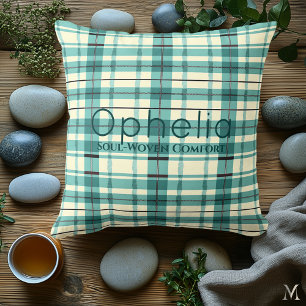 Teal and Cream Plaid Custom Cosy Tartan Accent Cushion