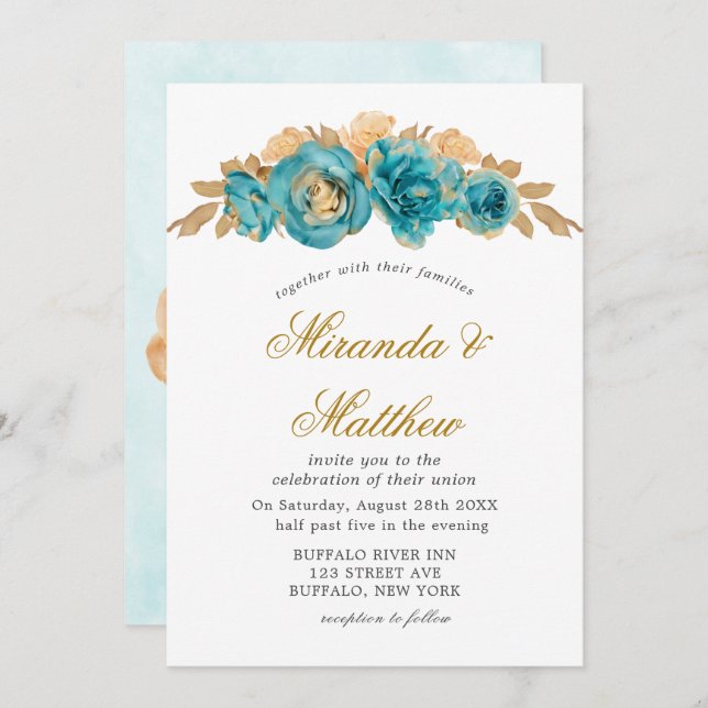 Teal and Creamy Gold Roses Wedding Invitations  (Front/Back)