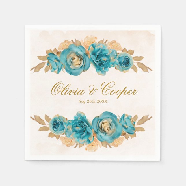 Teal and Creamy Gold Watercolor Florals Wedding Napkin (Front)
