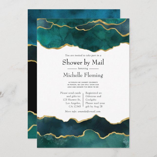 Teal and Faux Gold Foil Agate Shower by Mail Invitation (Front/Back)