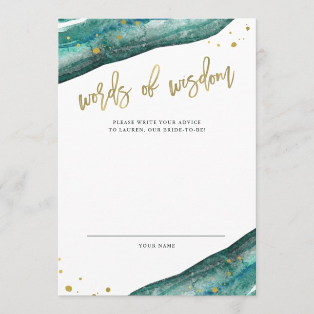 Teal and Faux Gold Geode Bridal Shower Advice Card (Front)