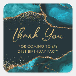 Teal and Faux Gold Glitter Agate Birthday Party Square Sticker