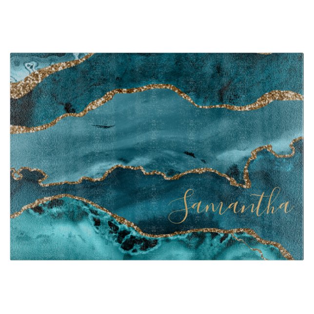 Teal and Faux Gold Glitter Marble Agate Cutting Board (Front)
