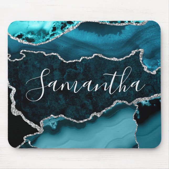 Teal and Faux Silver Glitter Marble Agate Mouse Pad (Front)