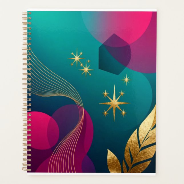Teal And Fuchsia Modern Abstract With Gold Stars  Planner (Front)