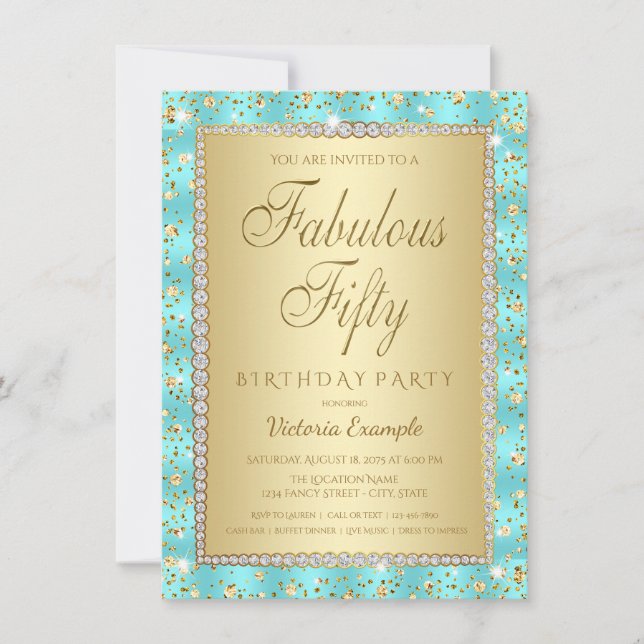 Teal and Gold 50th Birthday Party Invitations (Front)