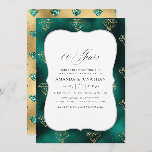 Teal and Gold 60th Wedding Anniversary Invitation (Front/Back)