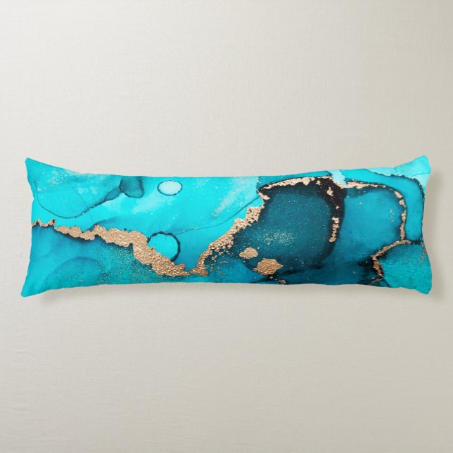 Teal and Gold Abstract Organic Swirls Ink Art Body Cushion (Front)